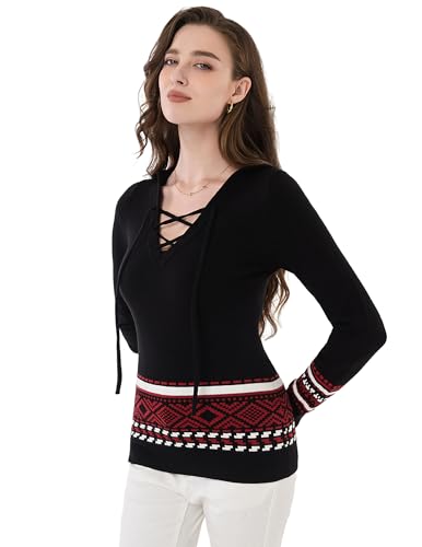 AmélieBoutik Women Fair Isle Hoodies Sweater Casual Lace Up Pullover Hooded Sweatshirt3