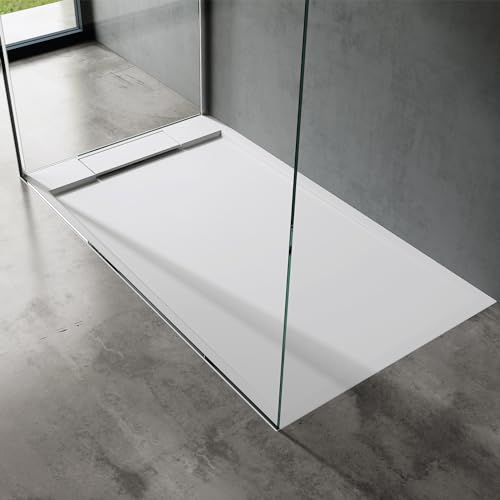 doporro Duschtasse Duschwanne 90x140x4 flach Mineralguss in Weiß inkl. Ablaufgarnitur AL06 DIN-Anschlüsse für bodenebene Montage geeignet Geoma04