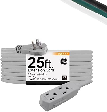 GE Indoor Extension Cord, 25 Ft Power Cable, 3 Grounded Outlets, 3-Prong, Low-Profile Flat Plussg, 16 Gauge, UL Listed, Gray, 43025