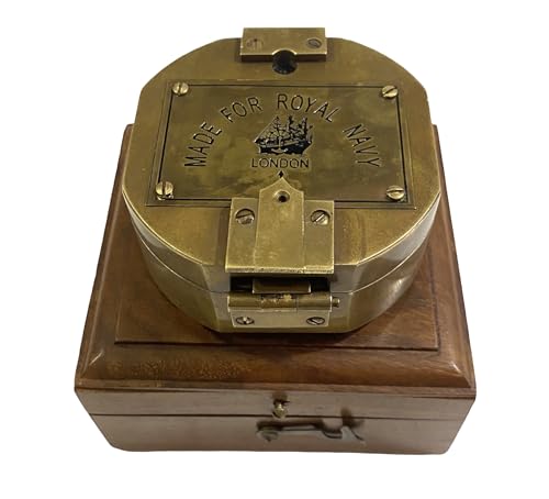 Brújula náutica vintage de latón con caja de madera miniatura 1