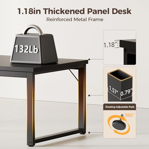 Image of 40 Inch Computer Desk, 1.2 inch Thick Small Office Table, Black | Modern Simple Style, Heavy Duty Industrial Frame, Small Study & Writing Table for Home Bedroom Work
