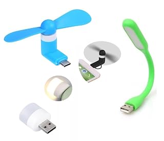 HOBITEQ Mini USB LED Flexible Light Lamp & Type-C OTG Fan Combo Set of 3 - Plastic Bulb, Night Light, USB Bulb