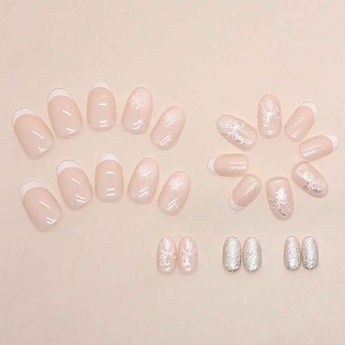 Miniatura 3 de Uñas francesas cortas a presión con punta francesa, uñas postizas de almendra, uñas blancas brillantes para mujeres, 24 unidades por juego