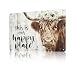 GJXFTPTTBD Farmhouse Metal Sign Highland Cow Tin Sign Wall Art This Is Our Happy Place Poster for Home Long Haired Scottish Cow with White Flower Picture Farmhouse Kitchen Decor Framed 12 * 8in
