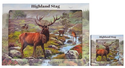 Hardback Wood & Cork Laminated 4 Placemats & 4 Matching Coasters - Highland Stag - Cosy Home Interiors Hardback Wood & Cork Laminated 4 Placemats & 4 Matching Coasters - Highland Stag - Image 2
