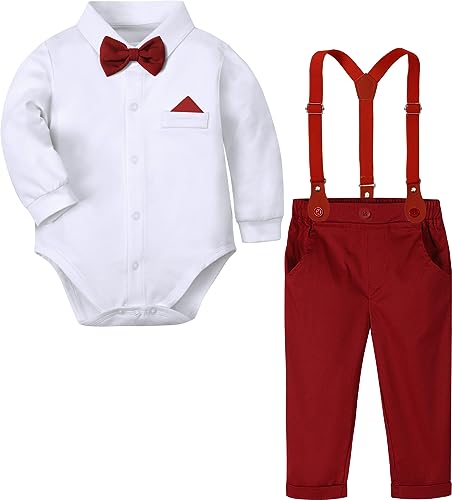 Image of A&J DESIGN Baby Boys Suits Infant Gentleman Formal Wedding Suspenders Outfit with Bowtie