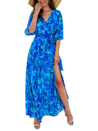 Image of UEAL Half Sleeve Summer Beach Wedding Guest Maxi Dresses for Women 2025 Medium Blue Floral
