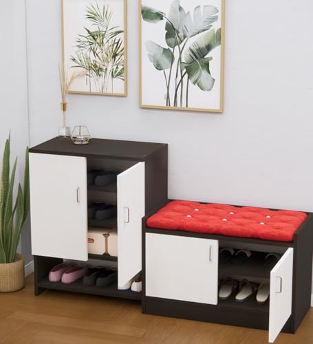 Image of SPECIALITY PANELS Shoe Rack with Cushioned Seating Bench | 2 Door Shoe Cabinet with Storage | Shoe Organizer for Entryway Home Living Room | Combo Set of 2 | DIY Assembly | White and Dark Brown