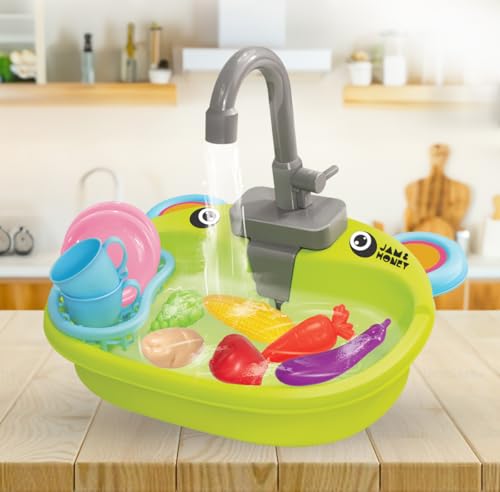 Amazon Brand - Jam & Honey Kids Kitchen Set for Girls I Pretend Play Toy Set for Girls I Electronic Wash Basin Sink I Utensils and Water Pump (Green)