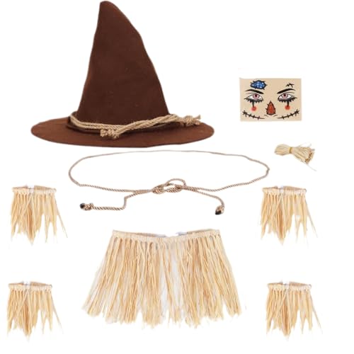 Lunaryvo Scarecrow Costume Kit for Adults Wizard Witch Hat Rope Belt Straw Kit Oktoberfest Dress Halloween Harvest Party (Brown)