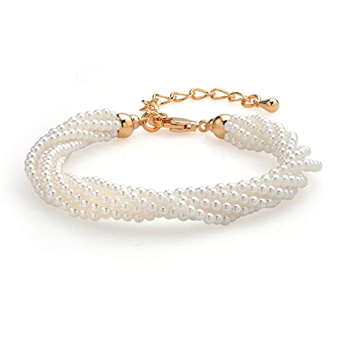 Gem Stone King 18K Yellow Gold Plated 6 Row Twisted Dangling Imitation Pearl Bracelet For Women (7 Inch + 2 Inch Extender)