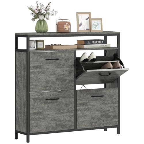 HOMCOM Narrow Shoe Cabinet with 4 Flip Drawers, Industrial Slim Shoe Storage Cabinet with Open Shelf and Adjustable Shelves for Hallway, Entryway, Holds 12-20 Pairs, Cement Grey
