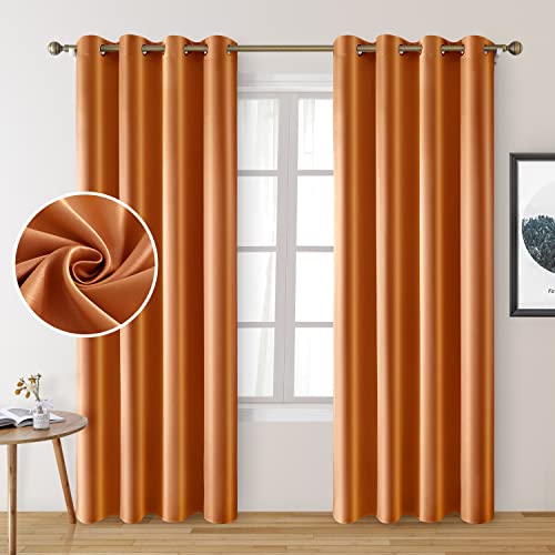 HOMEIDEAS 2 Panels Faux Silk Curtains Orange Blackout Curtains for Nursery 52 X 96 Inch Room Darkening Satin Curtains for Bedroom, Thermal Insulated Window Curtains for Kids' Room