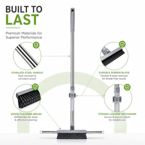 Image of Vasukie 2-in-1 Floor Scrub Brush, Adjustable Stainless Steel Long Handle, Broom for Floor Cleaning, Wet /Dry Multi-Surface Wiper for Bathroom, Glass, Pet Hair, and Concrete (Grey)