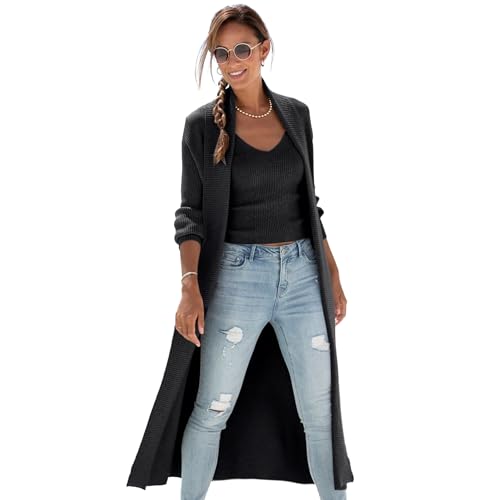 LASCANA Women's Long Knit Cardigan - Calf-Length, Open Front with Ribbed Shawl Collar