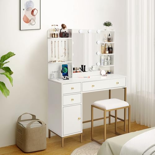 GarveeHome Vanity Desk with Mirror, Makeup Vanity Table with Chair & Charging Station, Dressing Table with Drawers & Storage Shelves, Vanity Table Set for Bedroom Dressing Room, 3 Lighting Modes