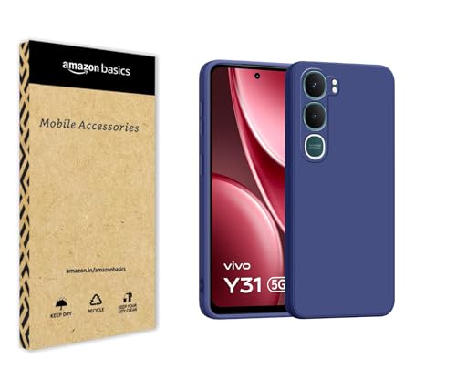 Image of amazon basics Back Cover for Vivo Y31 5G | Ultra Slim Soft Rubberised Case | Matte Silicone Flexible Mobile Case | Camera Protection - Blue