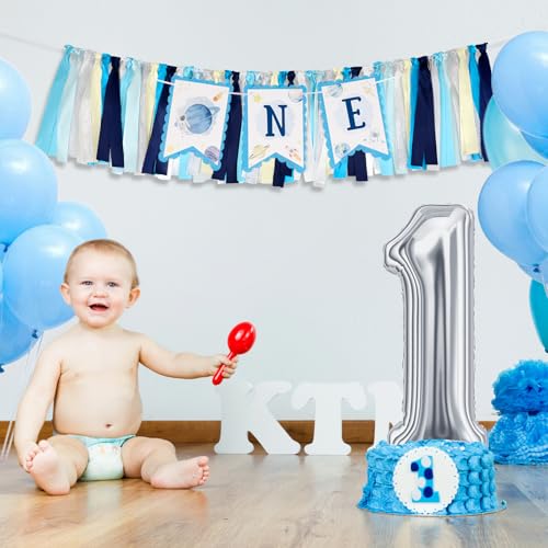 Image of Kriyokiaa 1st Birthday Outer Space High Chair Banner, First Trip Around the Sun Boy First Birthday Party Decor, Astronaut Rocket Space Theme High Chair ONE Banner