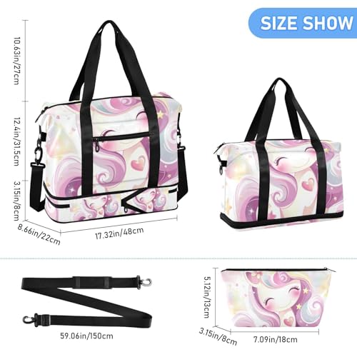 Cute Cartoon unicorns Colorful Gym Duffel Bag Weekender Overnight Bag with Adjustable Strap for Travel Waterproof3