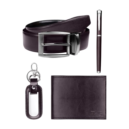 Porte-monnaie ceinture porte-clés stylo homme : ensemble d'accessoires marron en similicuir