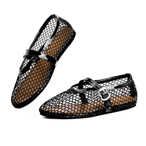 Mesh Ballet Flats for Women Round Toe Fishnet Ballerina Flats Buckle Strap Casual Comfortable Office Mary Jane Flat Shoes2