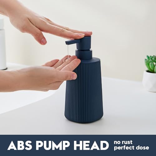 Image of Small Soap Dispenser for Bathroom and Kitchen, Modern Farmhouse Striped Style Plastic Hand Soap Dish Soap Dispenser with Pump Matte Blue