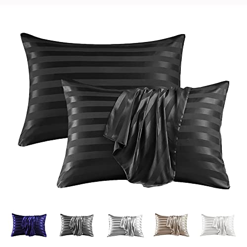 Image of MR&HM Satin Pillowcase for Hair and Skin, Silk Satin Pillowcase 2 Pack, King Size Pillow Cases Set of 2, Silky Pillow Cover with Envelope Closure (20x36, Black Striped)