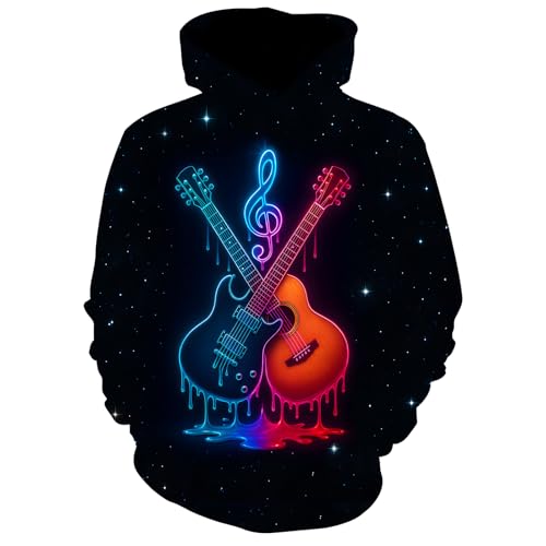 Blankora Guitar Drip 3D Hoodie Gift for Music Lovers Neon Streetwear Pullover Adult Unisex Standout Design Music Hoodie