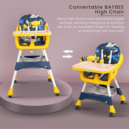 Image of Baybee 3 in 1 Auro Baby High Chair for Kids | Feeding Chair with 3 Height Adjustable & Basket, Booster Seat with Food Tray, Toy Bar & Safety Belt | High Chair for Baby 6 Months to 4 Years Boys Girls (Blue)