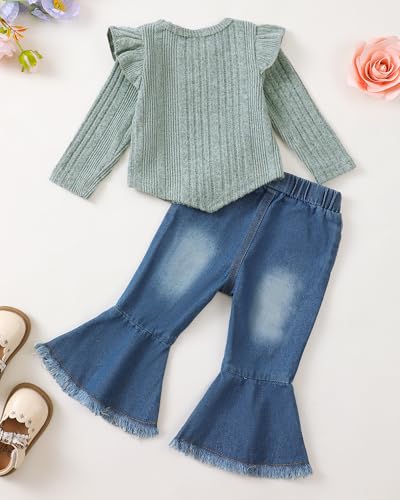 Sunny Piggy 12-18 Months Toddler Girl Clothes Little Baby Girl Denims Outfits Jeans Flare Stretchy Pants Set Long Sleeve Infant Winter Fall Baby Clothes For Girls Green thumb #2