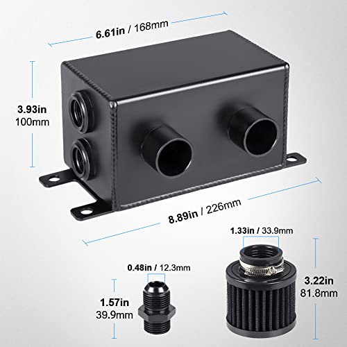 JDMON AN8 1.2L Dual Filter Engine Oil Catch Can Tank, Large Dual Breather Twin Baffle Oil Reservoir Tank, Black