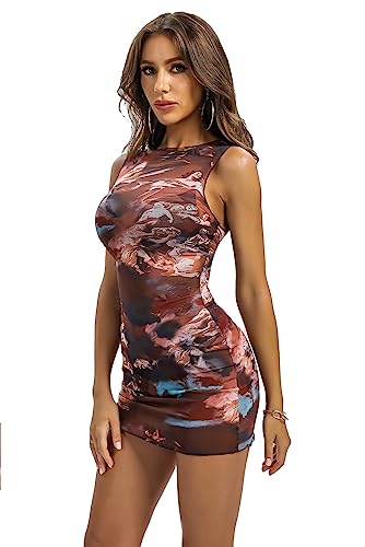 Image of ABMOIU Sexy Mini Print Mesh Dress for Women, See Through Sleeveless Stretchy Bodycon Short Summer Dresses