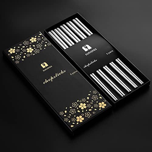 SUPJOYES 5-Pairs Stainless Steel Chopsticks, Metal Reusable Chopsticks Korean, Dishwasher Safe 18/8 Stainless Steel Chop Sticks, Non Slip Design