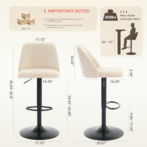 COLAMY Bar Stools Set of 6, Modern Swivel Bar Chairs, Adjustable Upholstered Barstools Counter Height with Full Backrest for Bar, Dining Room, Kitchen Island, Beige