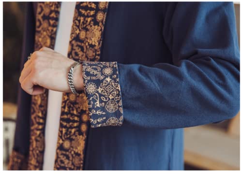 HZCX FASHION Mens Long Kimono Cardigan Open Front Print Cotton Linen Trench Coat(FY08 NAVY,M)