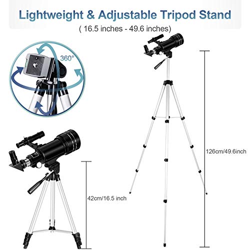 Occer Telescopes for Adults Kids - Portable Telescope for Beginners for View Moon - 70mm Aperture 300mm Lightweight Refracting Telescopes with Adjustable Tripod Moon Filter Wireless Remote - Thumbnail 5