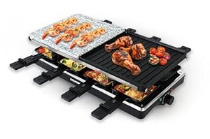 GOURMETmaxx 2-in-1 Raclette Set 8 Personen | Raclette mit Steinplatte und Aluminiumplatte inkl. 8 Pfännchen & Schabern | Raclette-Kombination mit Temperaturregelung | Elektrischer Grill