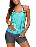 Women's Floral Swimsuits Blouson Push Up Tankini Swim Top No Bottom(Light Green,XL)