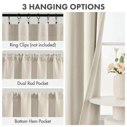 Image of MIULEE Cream Beige Room Darkening Bedroom Curtains 63 Inch Length 4 Panels | Solid Light Blocking Drapes, Room Thermal Insulation, Privacy Window Treatment Curtains,Top and Bottom Rod Pocket