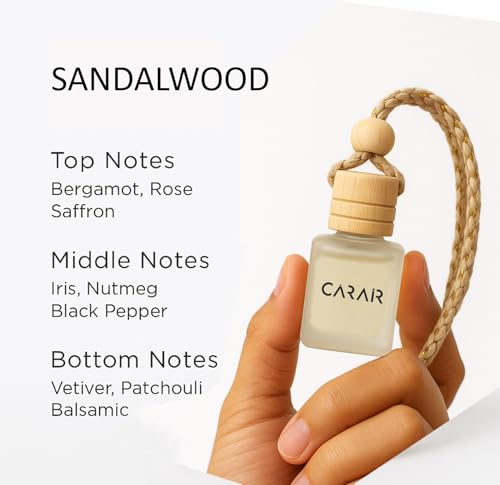 Image of Sandalwood Car Air Freshener | Hanging Car Perfume with Essential Oils | Long-Lasting Aroma in Glass Bottle with Wooden Diffuser Lid | 10ml Hanging Car Scent (Pack of 1)