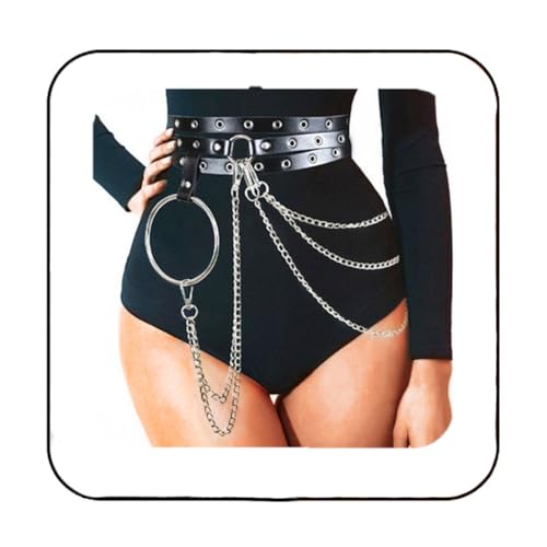 Nicute Chain Belt Black Punk Leather Waist Chain Belt Rave Accessories for Women