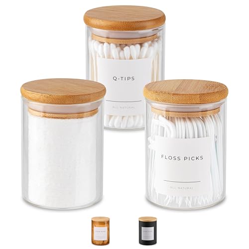 Vase and Vessel Mini Glass Apothecary Jars with Bamboo Lids Small Bathroom and Kitchen Storage Containers For Cotton Balls Pads and Swabs 10 oz Set of 3 (Clear)