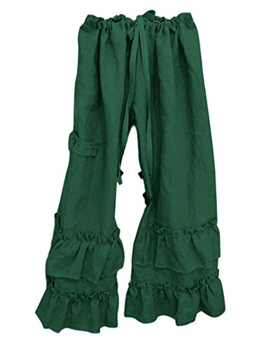 Womens Casual Ruffled Loose Pocket Pants Plus Size Cotton Linen Folds Pants Wide Leg Solid Color Hem Elastic Waisted Trousers (Green,X-Large)