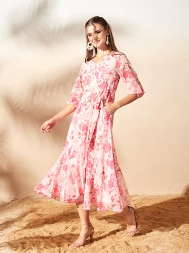 Image of Miss Chase Women's Multicolored Black Floral V-Neck 3 /4 Sleeve Wrap Chiffon Midi Dress