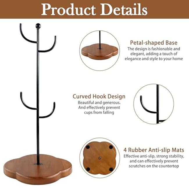 Coffee Mug Holder, Non-Slip 4 Hook Mug Rack, Metal & Wood, Modern & Elegant, Black, Countertop Organizer
