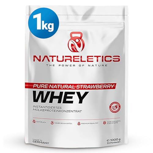 NATURELETICS ERDBEERE 1kg - Natürliches Premium Whey Protein aus Deutschland ohne Zusatz von Zucker, Süßstoffe, Aspartam & Sucralose - kohlenhydratarm – 22,6 % BCAA – reines Eiweißpulver