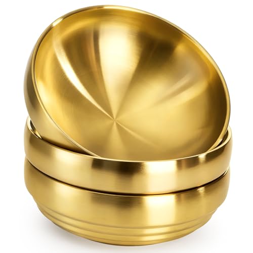 Frcctre 3 Pack 7.3 Inch Large Stainless Steel Bowls 31 OZ Double Walled Insulated Bowls Unbreakable Decorative Golden Bowl Serving Bowl for Salad Soup Noodle Friut Mixing Dishwasher Safe