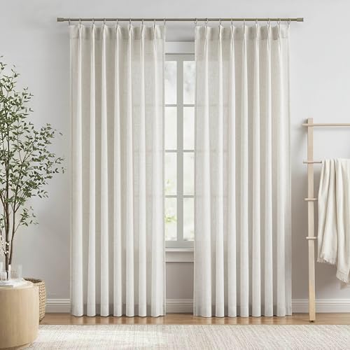 Image of Vision Home Natural Pinch Pleated Semi Sheer Curtains Textured Linen Blended Light Filtering Window Curtains 95 inch for Living Room Bedroom Pinch Pleat Drapes with Hooks 2 Panels 42 inch Wx95 L