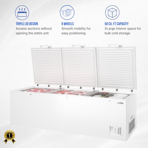 Image of KoolMore 100 in. 50 cu. ft. Commercial Chest Freezer, Large Capacity Three-Door Freezer for Restaurant, Grocery, Convenience Store, Garage, or Bulk Storage, ETL Listed in White