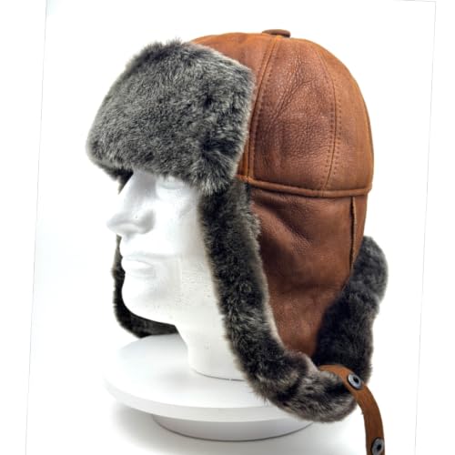 Image of Leather Aviator Russian Ushanka Trapper Shearling Sheepskin Fur Ear Flap Waterproof Winter Hat